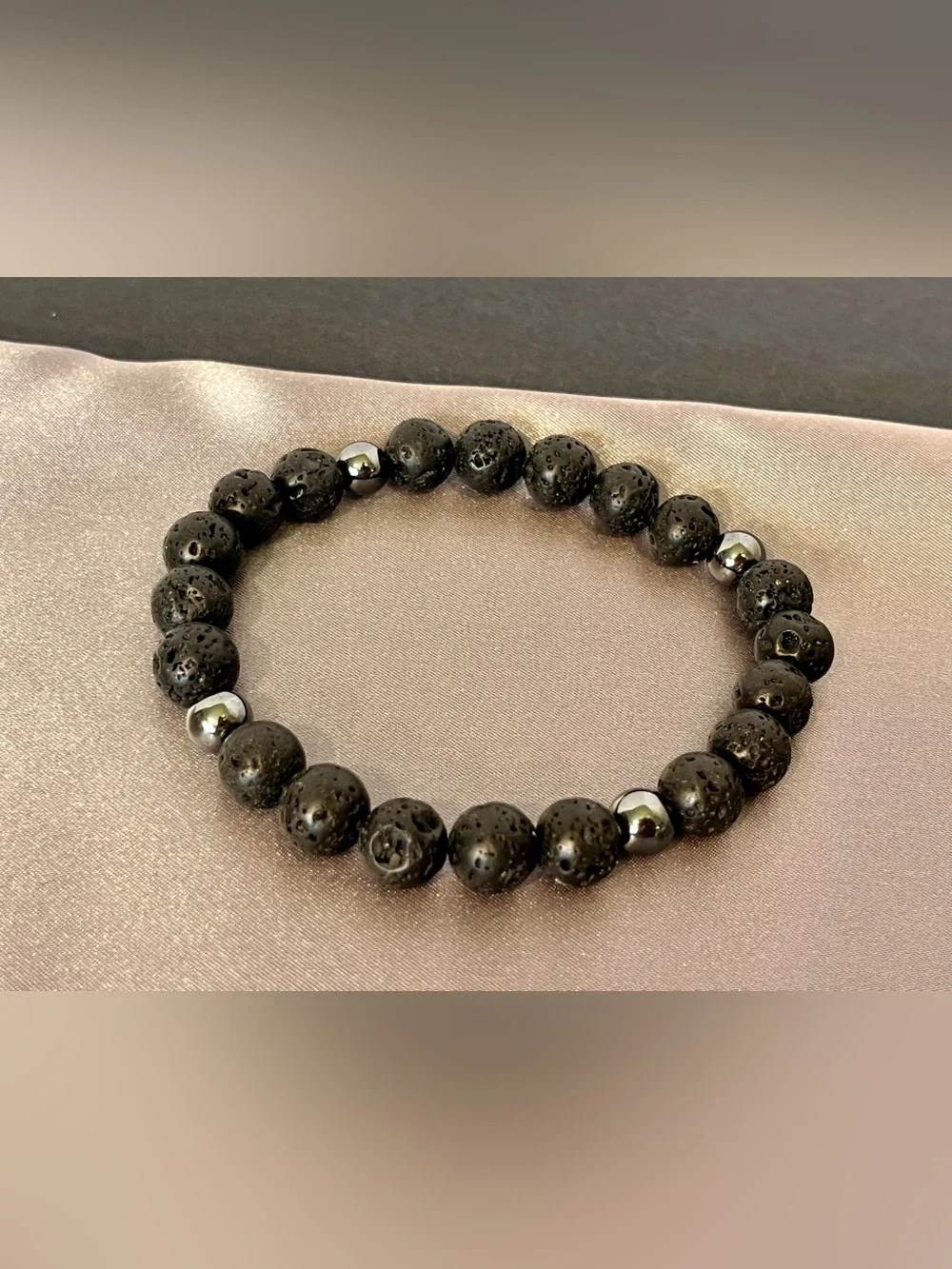 Extra Large Mens Black Lava Stone Beaded Bracelet with Hematite Accents